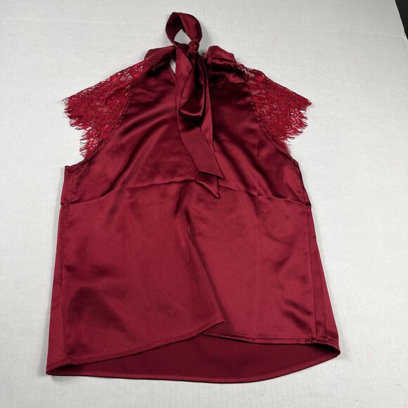 Nicole Miller New York Satin Neck Tie Blouse Red Lace Short Sleeve Shirt SMALL - Picture 10 of 11